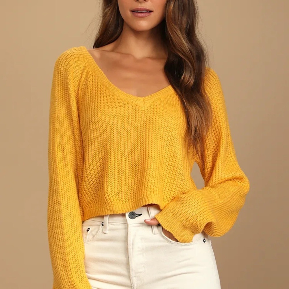 Lulus Fall is Calling Mustard‎ Yellow Knit V-Neck Cropped Sweater women's small